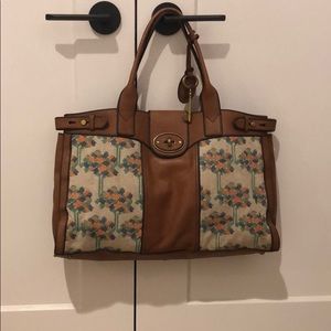Embroidered Brown Leather Fossil Tote